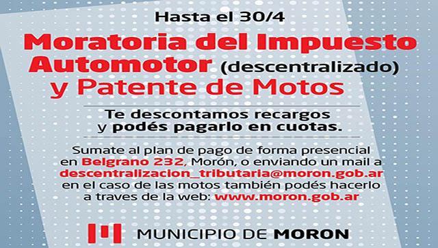 Moratoria del Impuesto Automotor Descentralizado y Patente de Motos